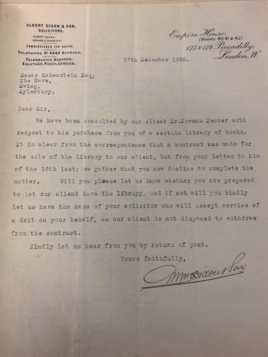 Letter from Penzer's solicitor