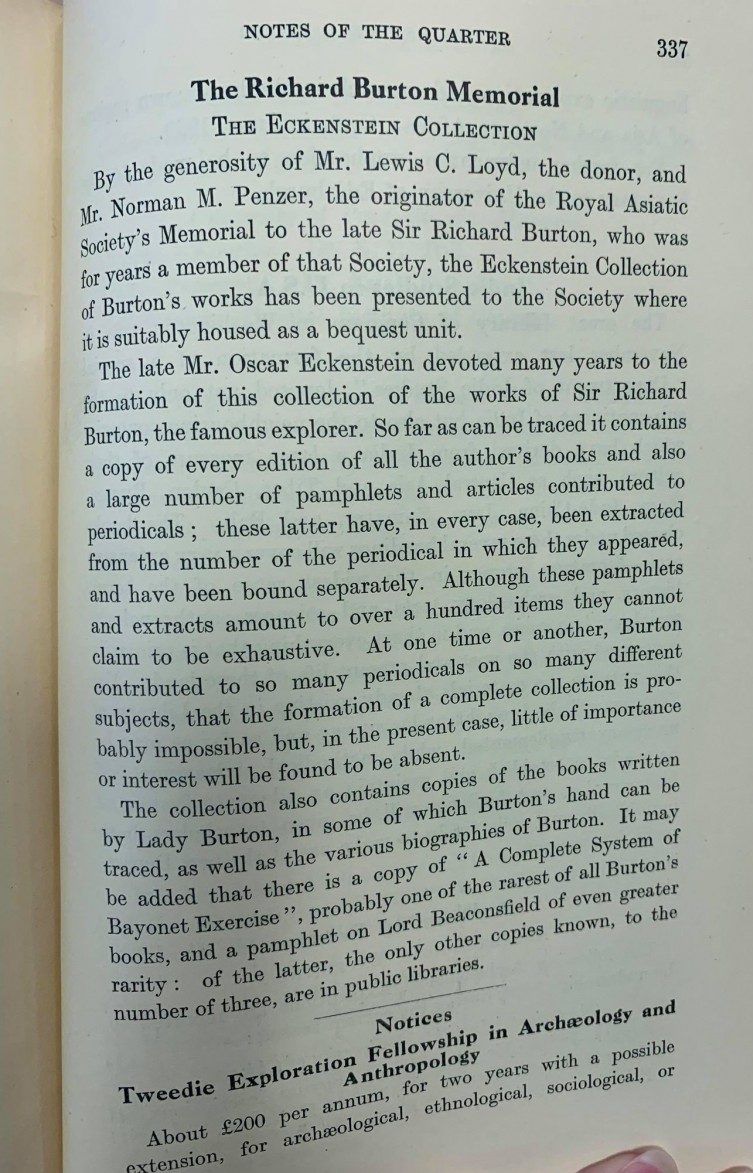 Society journal about Burton collection