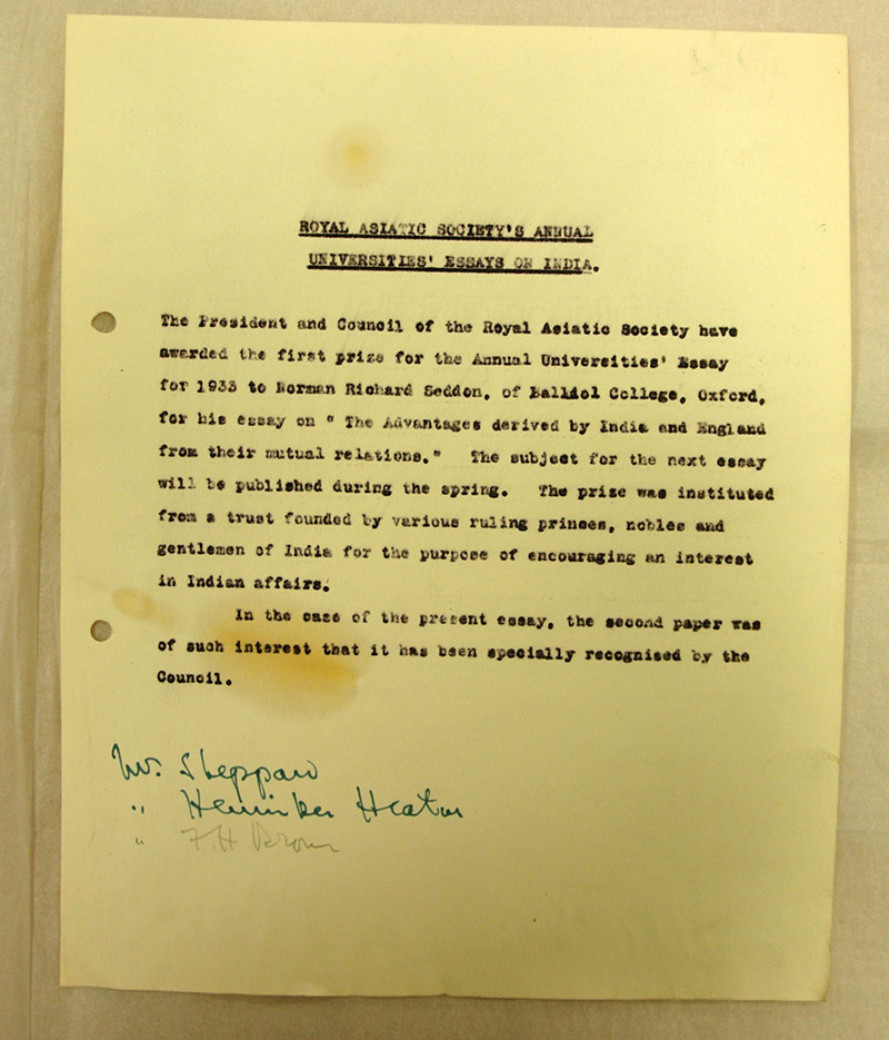 Notification of the 1933 Prize Winner